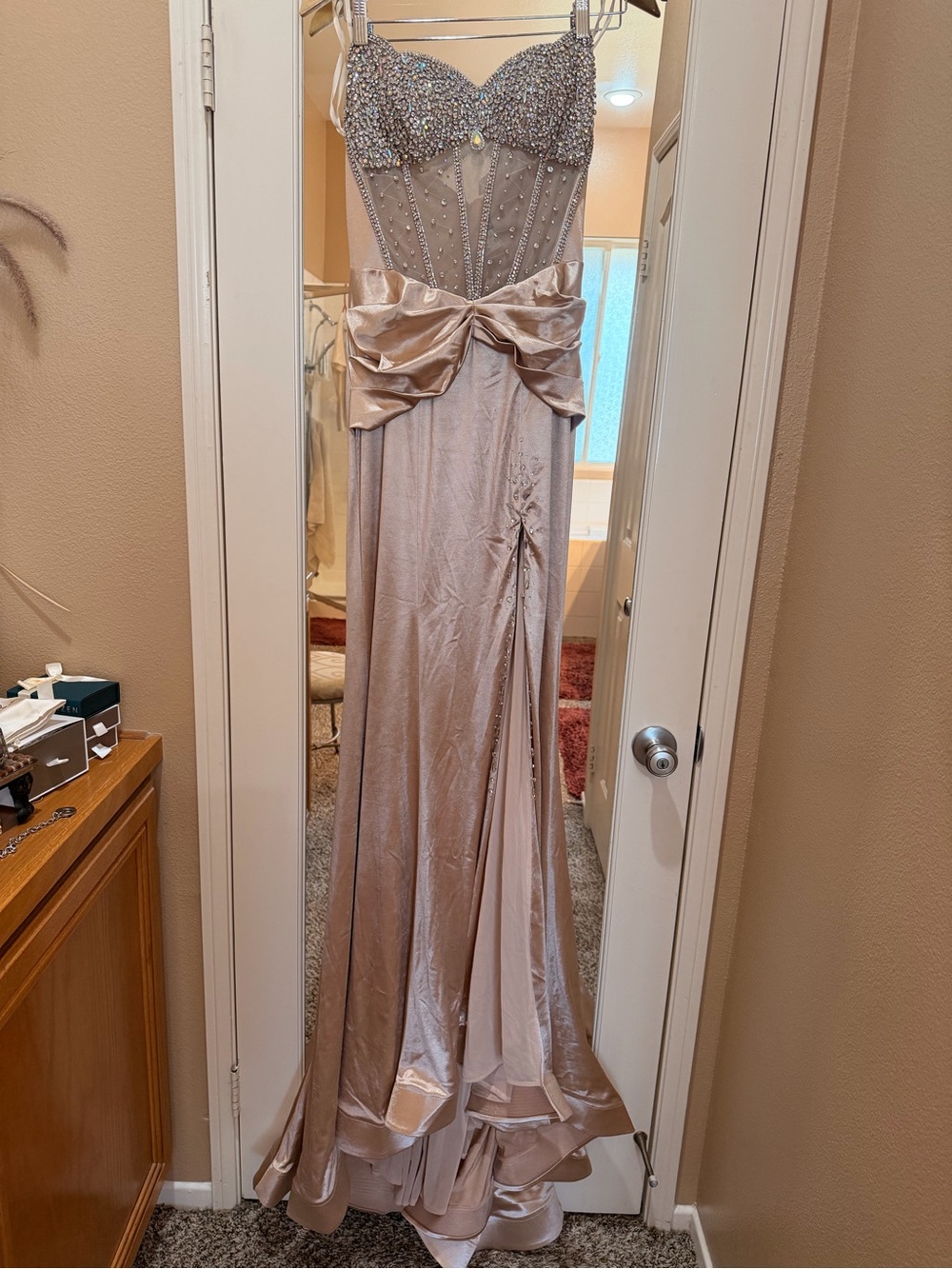 Jovani Beaded Sweetheart Prom Gown in Champagne